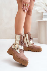 Bottines en cuir à boucle dorée - Beige